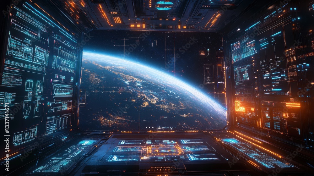 Poster exploring futuristic control room outer space digital visualization high-tech environment sci-fi per