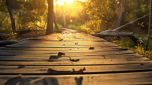 Holzsteg in einem sonnigen Park mit herbstlichen Farben
