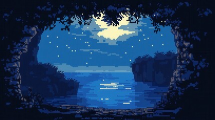 Naklejka premium Serene Night Scene Moonlit Ocean View Through Foliage
