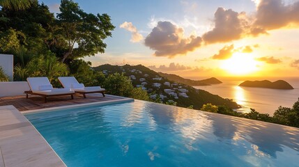 Sunset view from infinity pool & lounge chairs