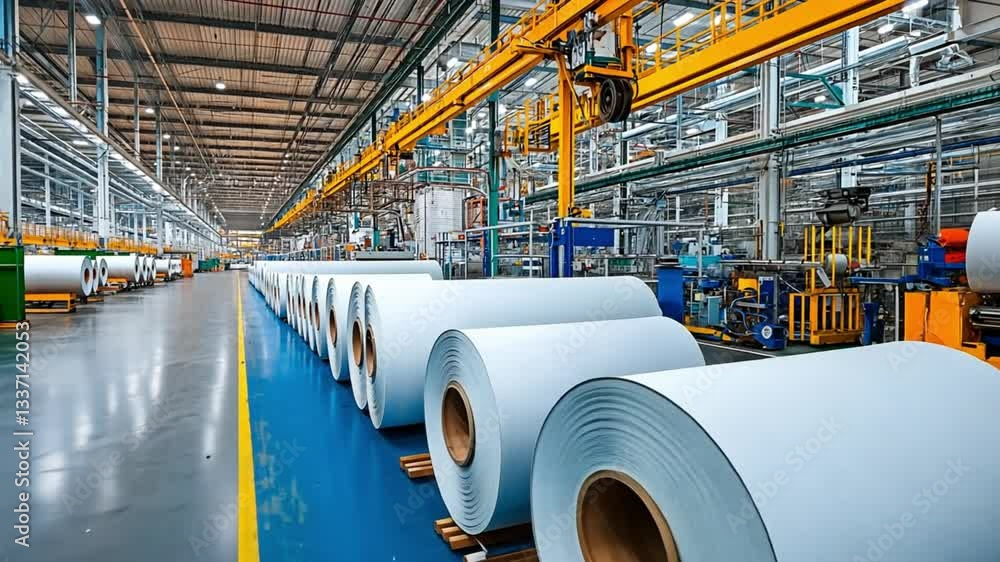Poster large industrial paper rolls neatly arranged in a spacious factory with automated machinery in the b