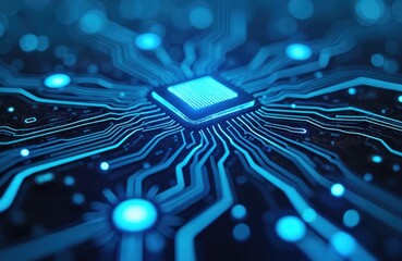 Glowing blue abstract digital circuit board. Hi-tech computer system background texture. Electronic motherboard illustration engineering, science, modern technologies, future, cybernetics, crypto