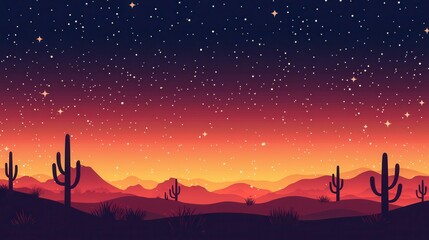 Fototapeta premium Desert Sunset Landscape with Starry Night Sky and Cactus Silhouettes