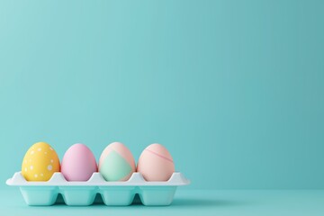 Colorful easter eggs in a carton against a soft blue background, perfect for spring celebrations and festive decor inspiration