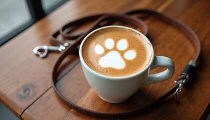 Top view of a coffee with paw shaped milk foam with a dog's leash on the wooden table