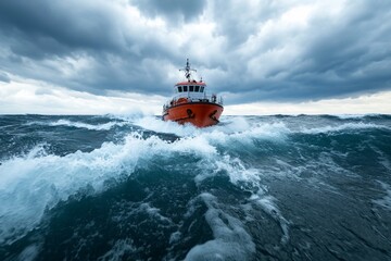 Small vessel navigating stormy seas, powerful waves