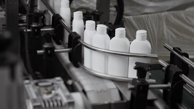 White plastic bottles for cosmetics move along a conveyor belt in a factory. Production of shampoo, shower gel and liquid soap. Machinery For Product Assembly. Cosmetics production plant. 