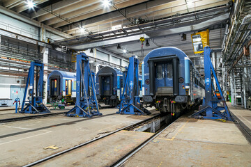 Train depot with railway wagons under maintenance
