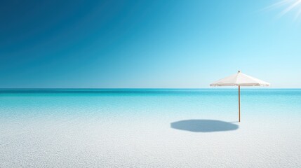 A breathtaking beach showcasing crystal clear water and a palm-leaved umbrella, representing tropical bliss and relaxation while inviting one to explore its beauty.