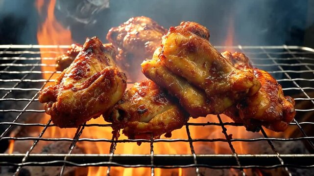 Knusprige H&auml;hnchenteile grillen auf offener Flamme