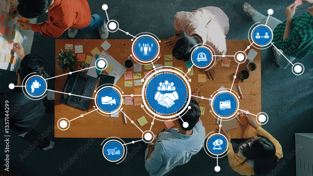 Poster a top-down view of a collaborative workspace illustrating teamwork and engagement through visual con