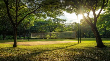 Fototapeta premium Serene Outdoor Badminton Court Surrounded by Lush Green Trees