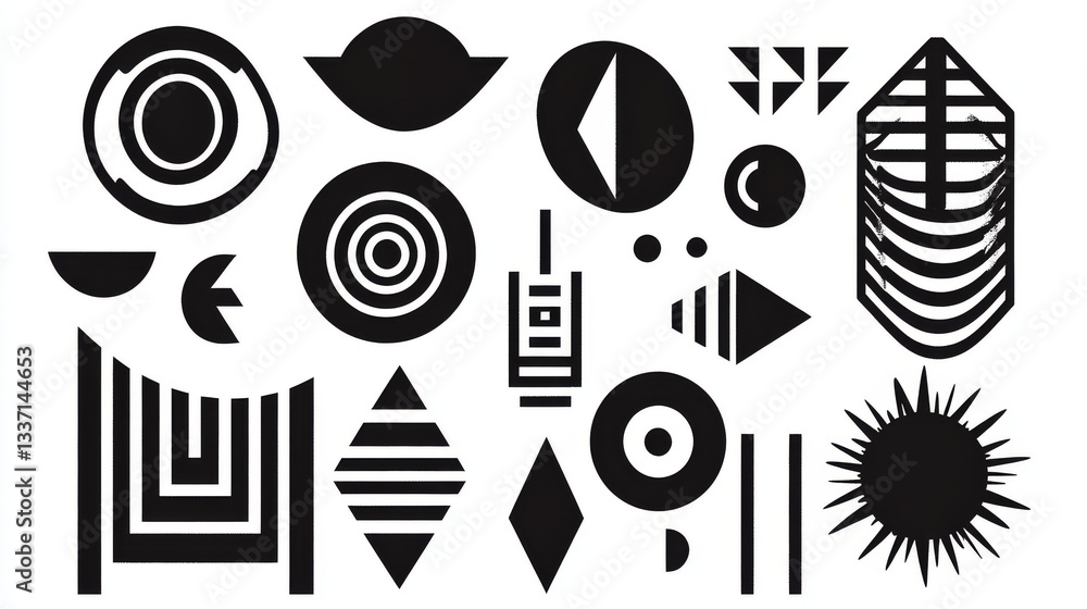 Poster y2k black monochrome abstract shape and sign. vector illustration set of simple geometric forms and 