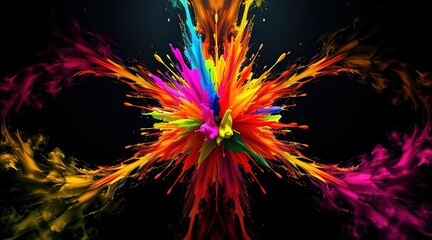 Vibrant explosion of colored powders creates a stunning visual display in a dark background setting