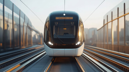 Naklejka premium Train or metro, front view, subway locomotive on rails with windshield and illumination. Modern city transport, railway commuter isolated on transparent background, Realistic 3d vector illustration