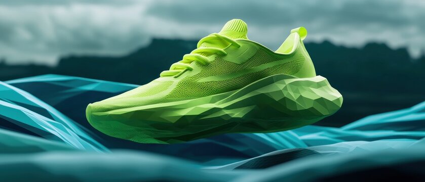 Floating lime green shoe over teal fabric mountains