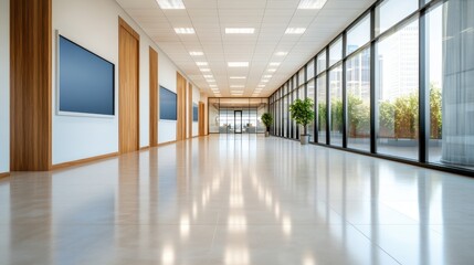 This image showcases a sleek, modern office corridor with large glass windows, planting, and clean lines, conveying a bright and open working environment.