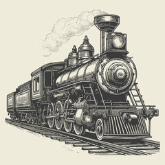 Old train design illustration, vintage steam locomotive.
