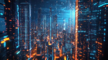 Fototapeta premium Futuristic city skyline at night; digital art; aerial view; possible use stock photo