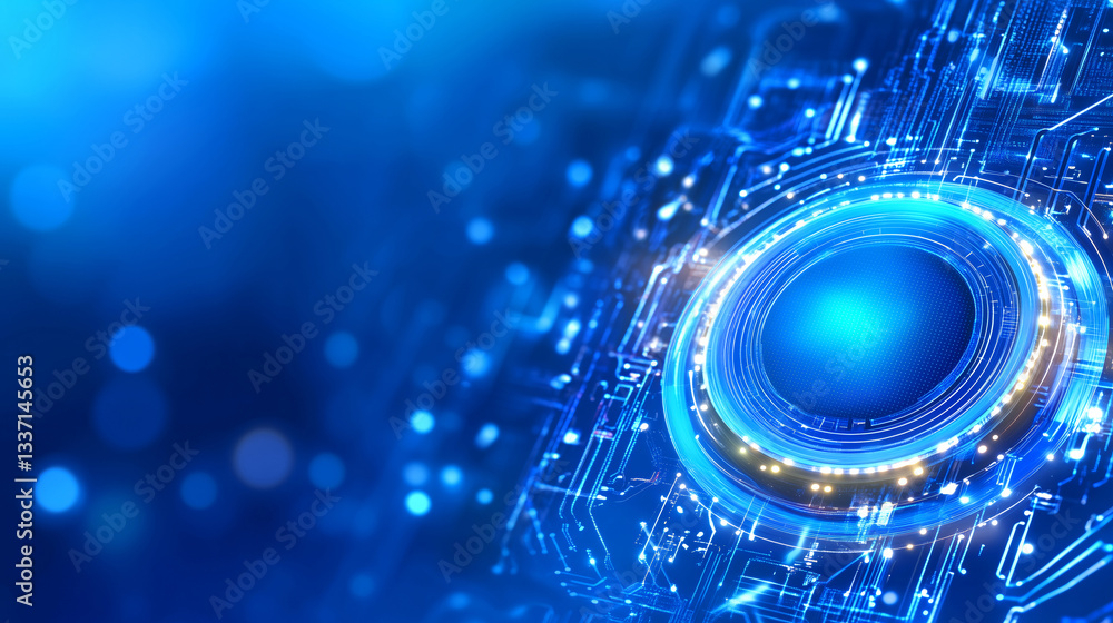 Poster circuits and glowing elements dominate this close-up view of digital technology, creating a striking