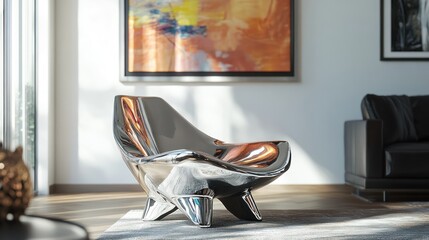 Modern chrome armchair in sunlit living room