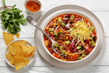 taco soup with kidney bean, corn, ground beef