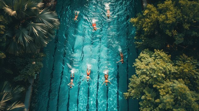 Swimmers enjoying a sunny day in an outdoor pool with lush greenery