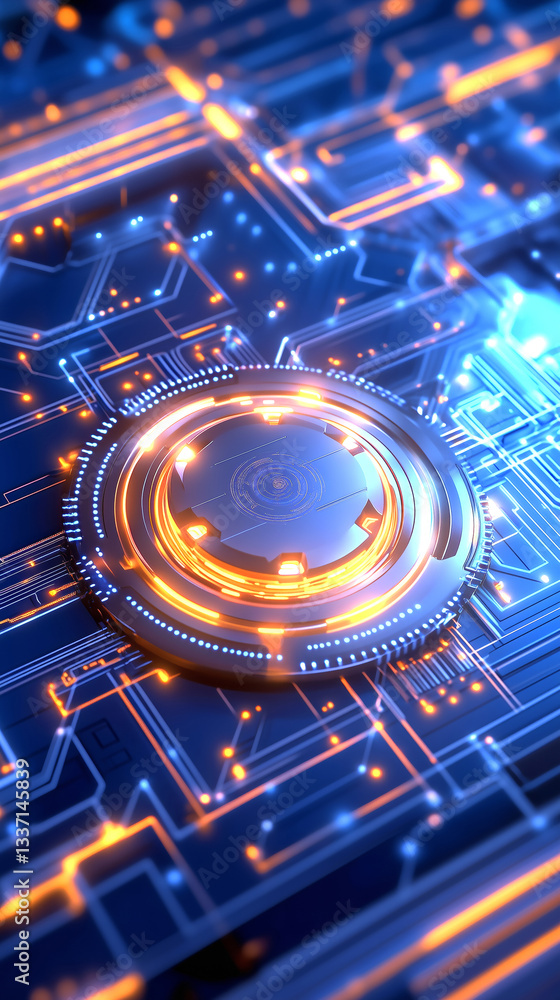 Aufkleber a close-up view of an intricate circuit board design showcases glowing orange and blue elements. the
