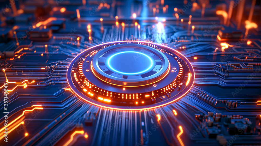 Poster a complex circuit board features intricate patterns of glowing blue and orange lights, highlighting 