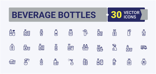 Beverage Bottles vector line icon set. Included container, eco, beverage, water, plastic, bottle. Water Bottles related icon. Modern icons collection. Editable line and solid vector.
