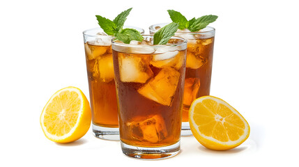 Three glasses of tea with ice and a lemon slice on the side. The lemon slices are cut in half and placed on the table
