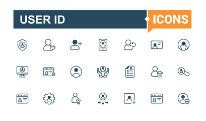 User ID vector line icon set. Contains outline symbols like account, username, personal, registration, profile and more. User Account icon set. Solid line editable stroke. Vector collection.
