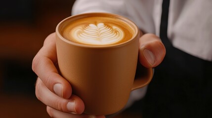 Barista crafting latte art in coffee shop warm environment drink photography close-up perspective