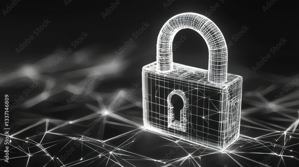 Poster digital padlock in polygonal wireframe technology cybersecurity concept modern environment abstract 