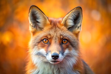 Fototapeta premium A captivating red fox, eyes gleaming with autumnal fire, stands serene against a blurred backdrop of warm, golden foliage, bathed in soft natural light.
