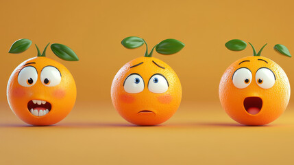 Cute orange cartoon character face emoji set. Funny citrus fruit ui comic game personage, happy, rejoice, upset, sad, surprised, show tongue and grin emotions. Healthy food mascot, Vector illustration