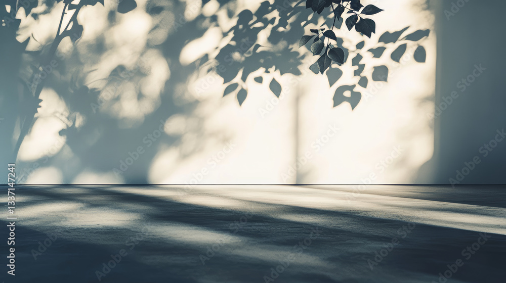 Aufkleber sun light and shadow on wall floor overlay background. grey tree leaf nature shade texture with blur
