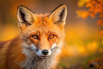 Fototapeta premium A captivating red fox gazing intently, bathed in the warm glow of autumn's golden light, with blurred foliage adding depth.