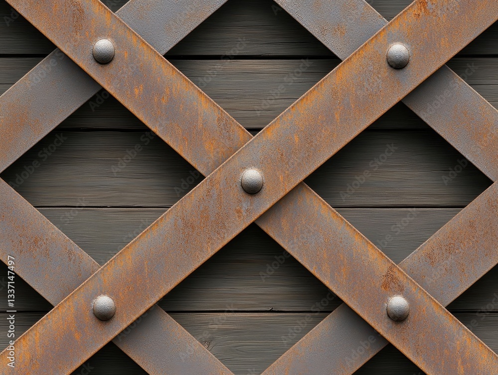 Poster close-up of a weathered metal lattice with rust and wooden background textures