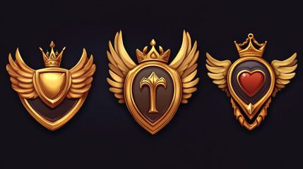 Obraz premium Gold fantasy game button set with crown and wings cartoon vector. Medieval golden title border in yellow, blue and red for vintage royal menu app interface. Isolated blank ornate panel illustration