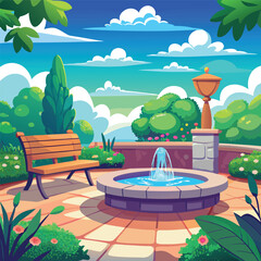 Charming Garden with a Fountain, Bench, and Ocean View