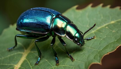 Naklejka premium Iridescent Beetle Resting on Green Leaf Macro Close Up