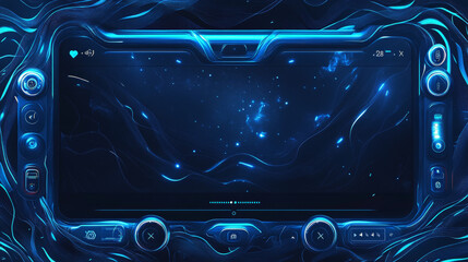 Game streaming overlay panels and buttons with water texture. Template of webcam video app design. Vector cartoon set of live stream blue frames for show gaming process