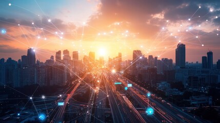 Fototapeta premium Cityscape network sunset connection digital