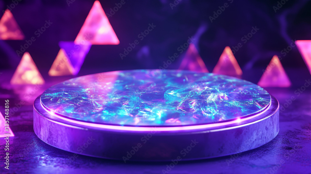 Poster hologram round product display podium in room with purple floor and wall, neon glow triangle decorat