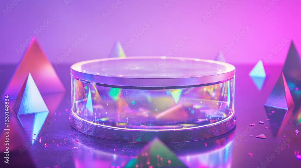 Aufkleber hologram round product display podium in room with purple floor and wall, neon glow triangle decorat