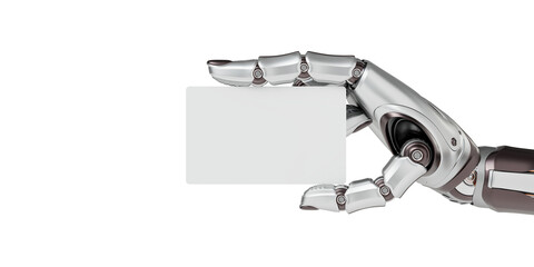 A robotic hand holding a blank card, representing AI-driven business, digital identity, and futuristic technology. The concept symbolizes innovation, automation, and cyber communication. 3D Render