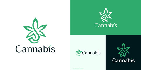 Creative cannabis leaf logo icon design, Cannabis combination with leaves for organic nature, Marijuana hemp weed leaf for herbal CBD with line art style, Vector design inspiration idea concept.