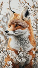 Fototapeta premium Majestic fox portrait amidst delicate spring blossoms artwork illustration