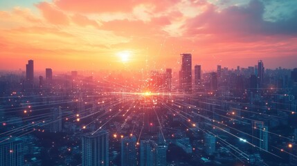 Fototapeta premium Cityscape sunset network connection. Aerial view of urban infrastructure. Stock photo